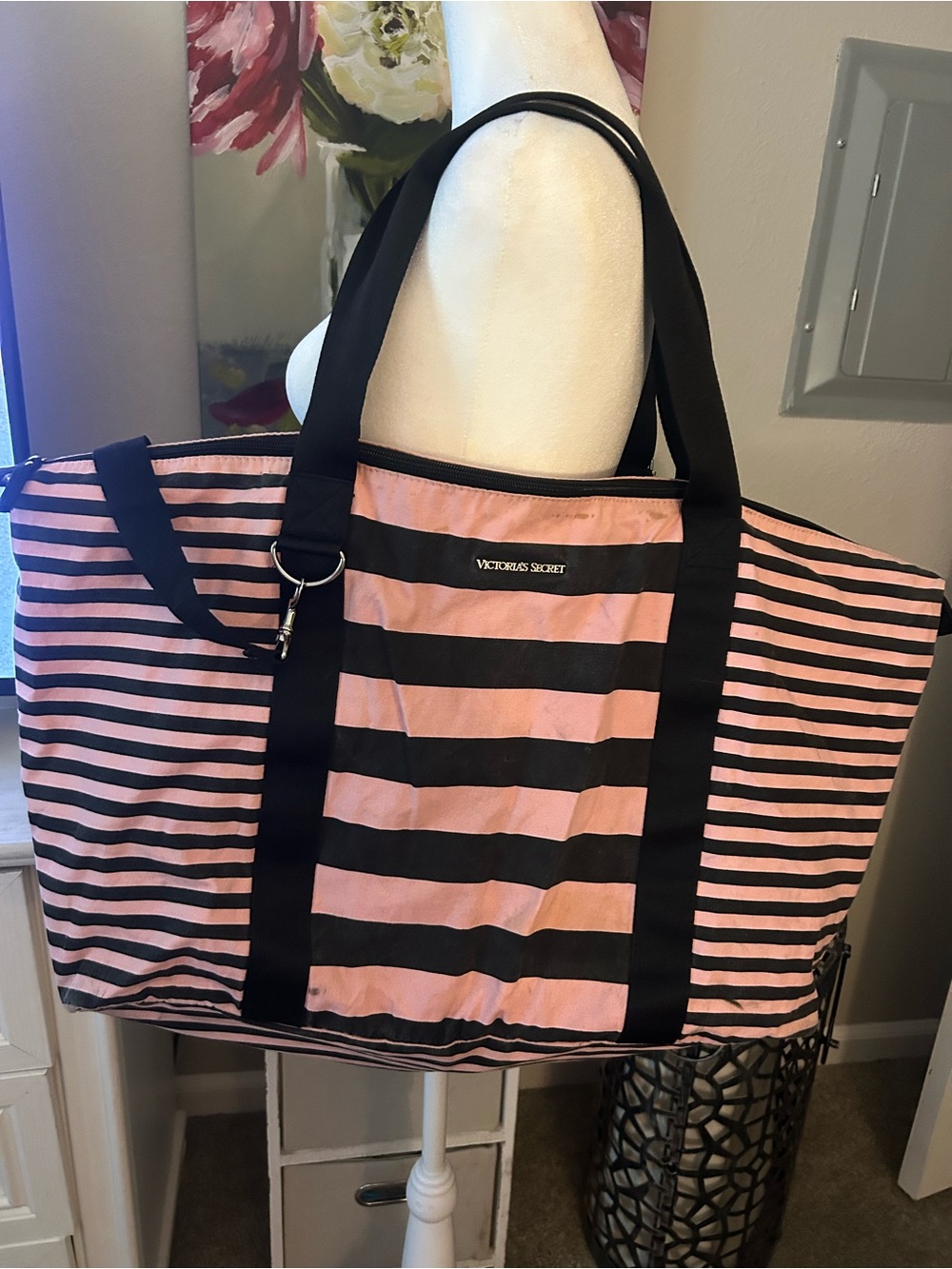 Victoria's Secret Pink and Black Striped Tote Bag